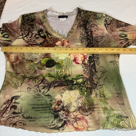 Y2K Impulse California Top Women's XL Green Pink Floral AOP Lettuce Hem Romantic - Picture 9 of 13